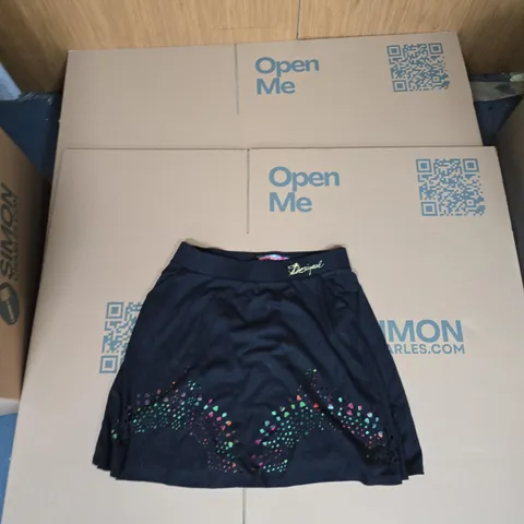 DESIGUAL WOMEN'S SKIRT – BLACK WITH MULTICOLOUR HEM PRINT, SIZE XL