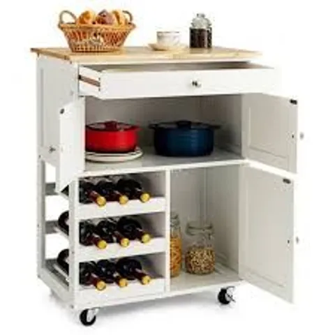 BOXED COSTWAY ROLLING KITCHEN CART WITH 3 TIER WINE RACKS AND CUPBOARDS - WHITE