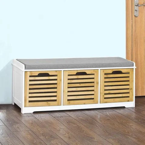 BOXED SOBUY FSR23-WN, SHOE STORAGE BENCH SHOE CABINET WITH SEAT CUSHION – 3 DRAWERS FOR HALLWAY ORGANISER, WHITE AND NATURAL