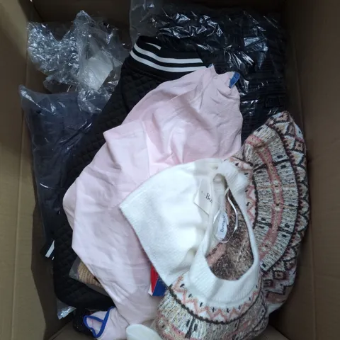 LARGE BOX OF APPROXIMATELY 25 ASSORTED CLOTHING ITEMS IN VARIOUS COLOURS, STYLES AND SIZES - COLLECTION ONLY