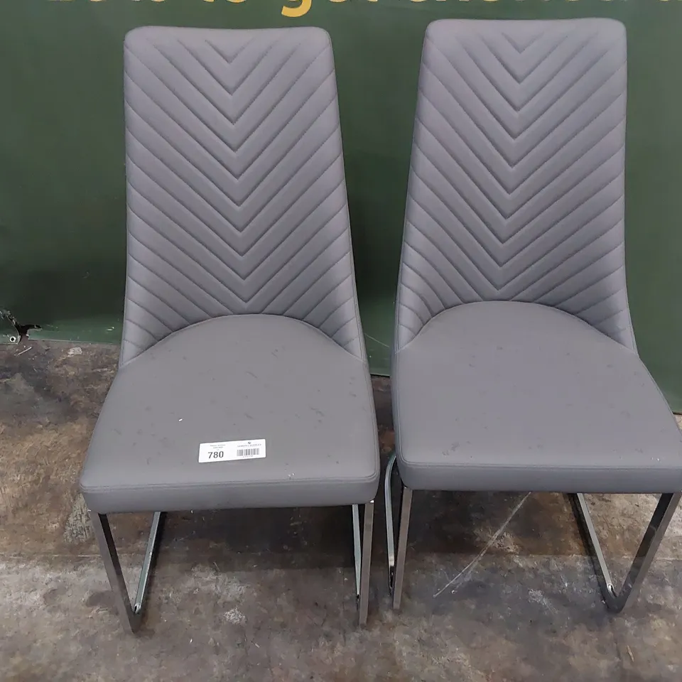 PAIR UPHOLSTERED DINING CHAIRS GREY PU ON CHROME FRAMES 
