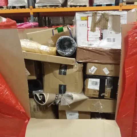 PALLET OF ASSORTED HOUSEHOLD GOODS AND PRODUCTS TO INCLUDE; RICE COOKER, RUGS, BOXED FURNITURE ETC