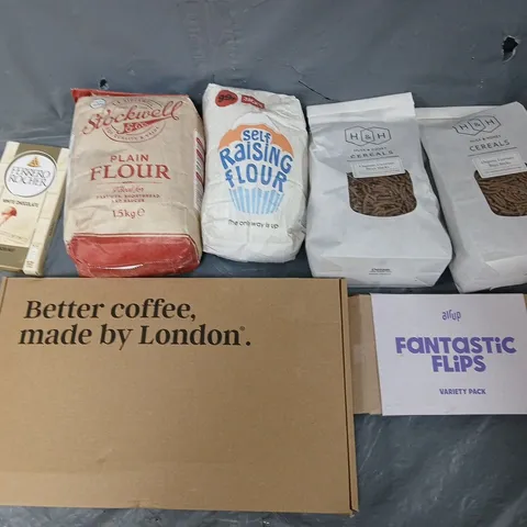 APPROXIMATELY 6 ASSORTED FOOD & DRINK ITEMS TO INCLUDE - HUSK AND HONEY CEREAL, GRIND COFFEE, AND PLAIN FLOURS ETC. 