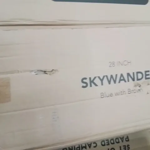 BOXED 28INCH SKYWANDER TRAVEL SUITCASE BLUE WITH BROWN 