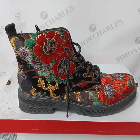 BOXED PAIR OF RIEKER LACE UP BOOTS MULTI/FLORAL PATTERN - SIZE 5