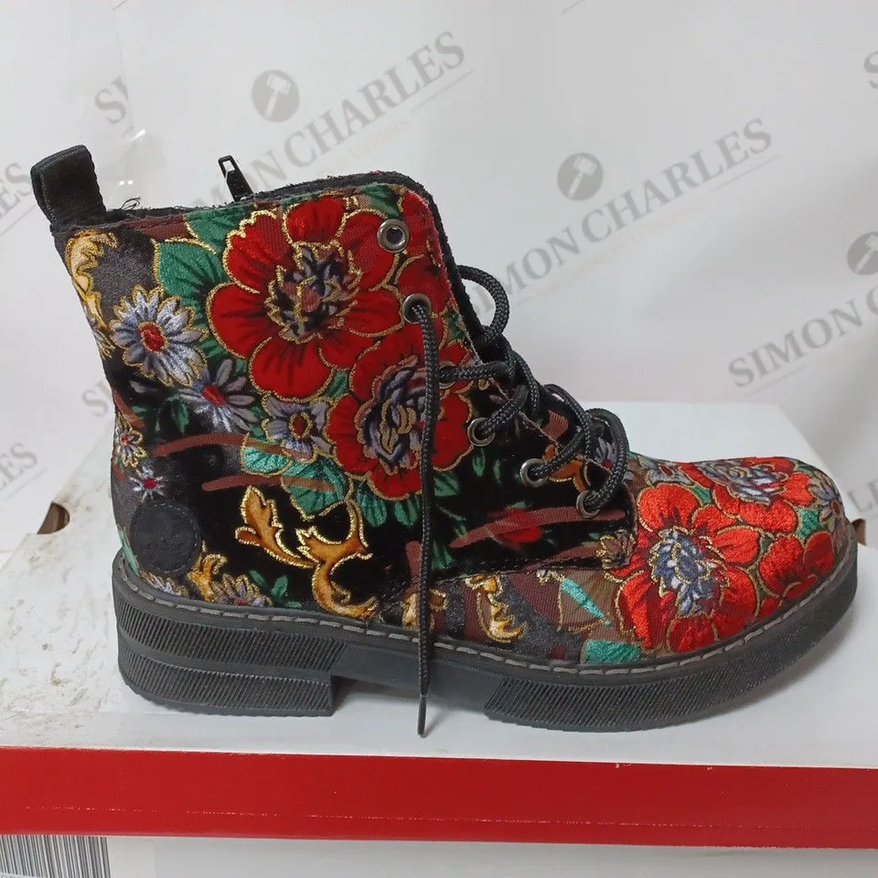 BOXED PAIR OF RIEKER LACE UP BOOTS MULTI/FLORAL PATTERN - SIZE 5 