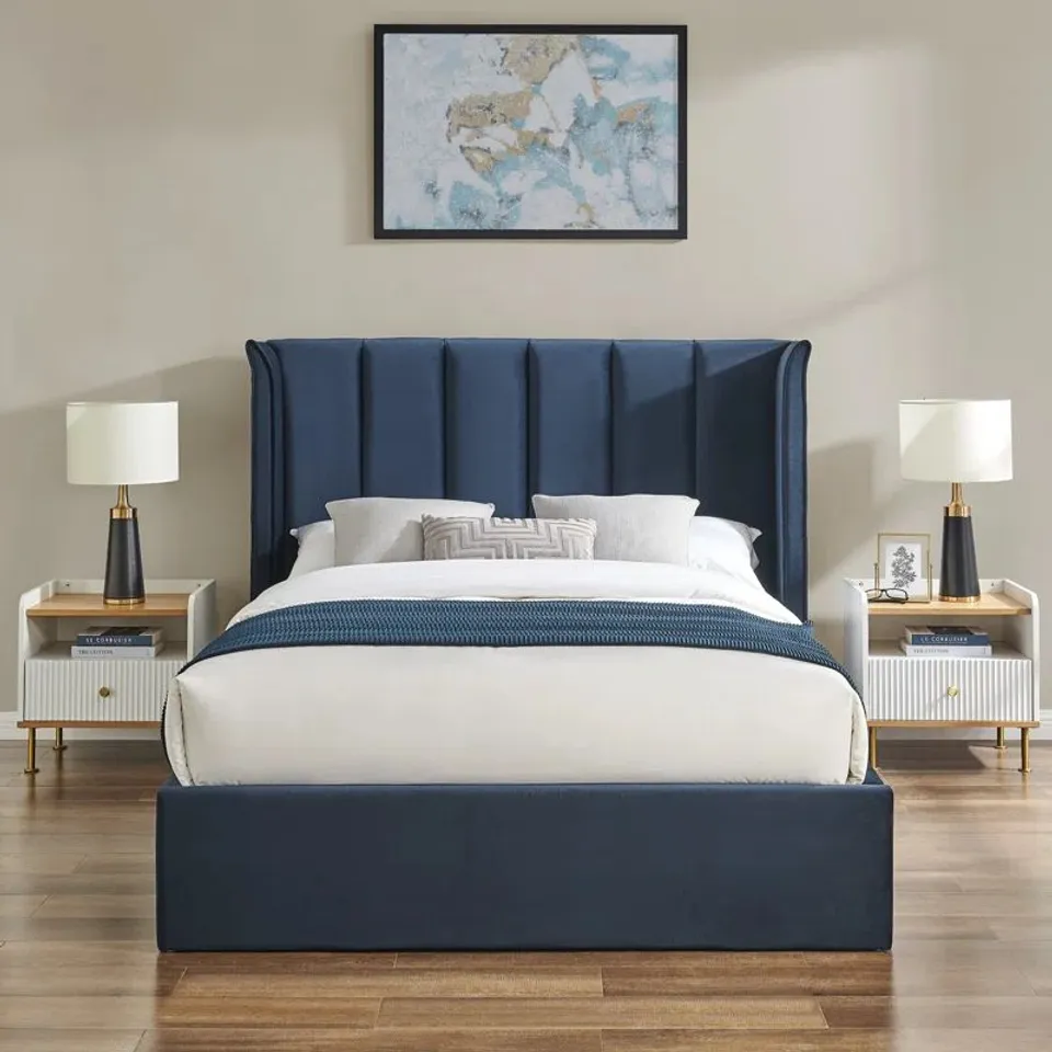 BOXED ASHOK 4'6" NAVY BLUE BED (3 BOXES)