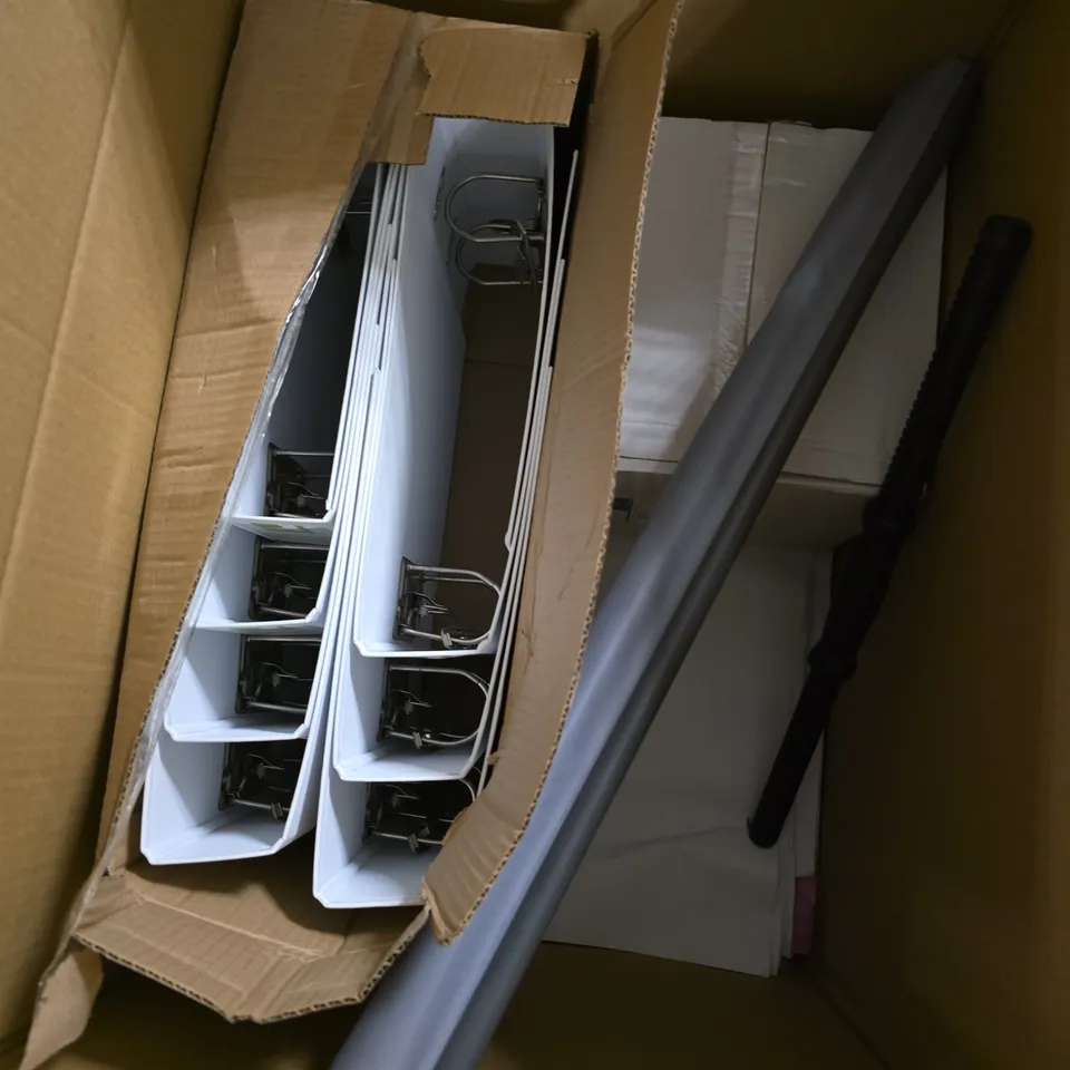 BOX OF APPROXIMATELY 5 ASSORTED HOUSEHOLD ITEMS TO INCLUDE - WASTE BASKET - BINDERS - COLOURED A1 PAPER - ETC
