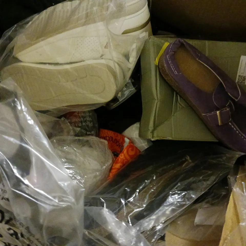 BOX OF APPROX 10 PAIRS OF ASSORTED SHOES IN VARIOUS STYLES, COLOURS AND SIZES