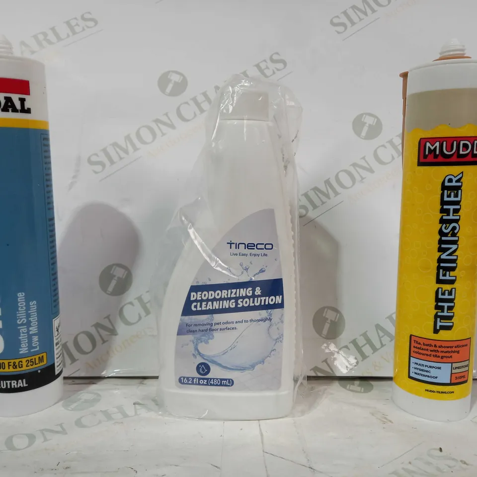LOT OF APPROXIMATELY 10 ASSORTED HOUSEHOLD ITEMS TO INCLUDE MUDD THE FINISHER, TINECO DEODORIZING & CLEANING SOLUTION, SOUDAL SILIRUB LMN