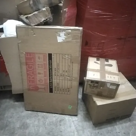 PALLET OF ASSORTED HOUSEHOLD GOODS AND PRODUCTS TO INCLUDE; LED BATHROOM MIRROR, CEILING FAN, HOOVER, BOXED FURNITURE ETC
