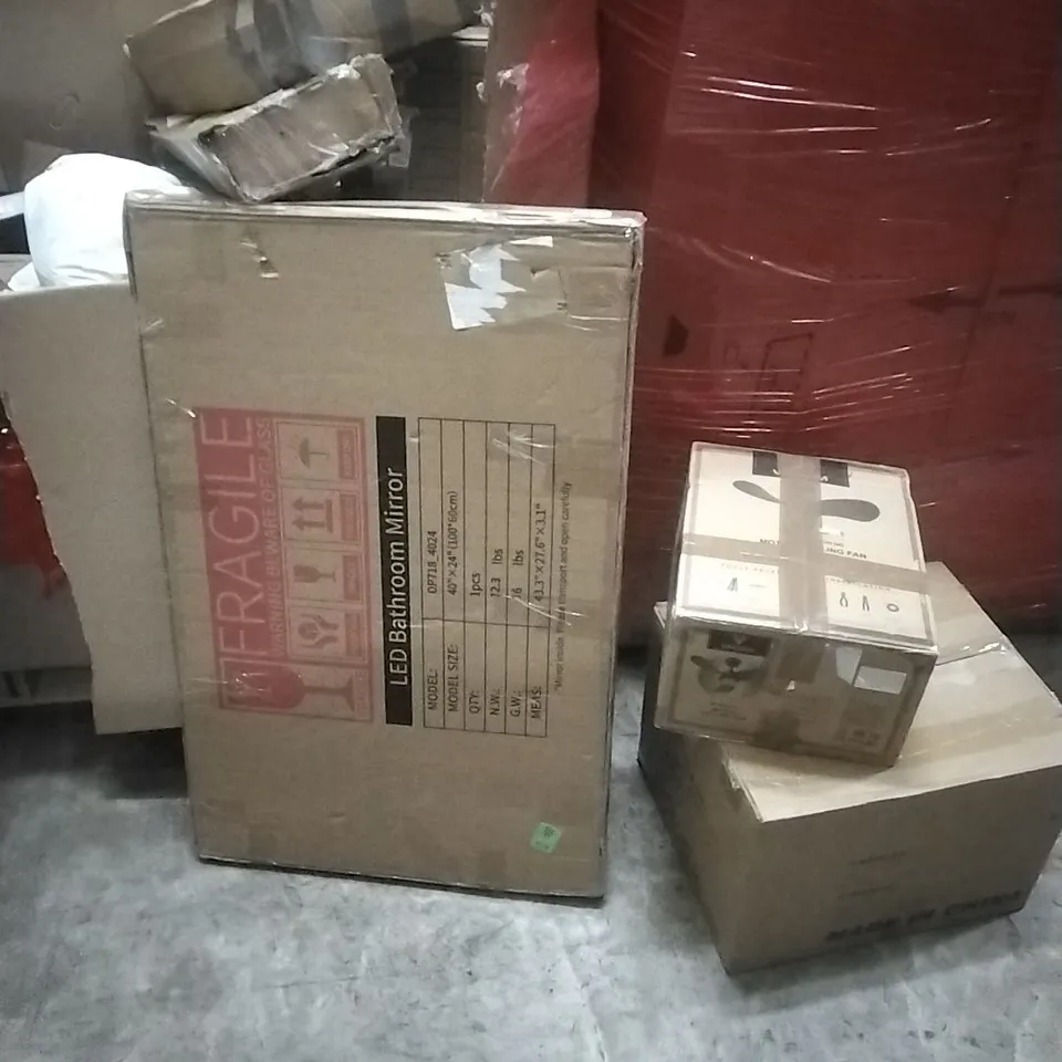 PALLET OF ASSORTED HOUSEHOLD GOODS AND PRODUCTS TO INCLUDE; LED BATHROOM MIRROR, CEILING FAN, HOOVER, BOXED FURNITURE ETC
