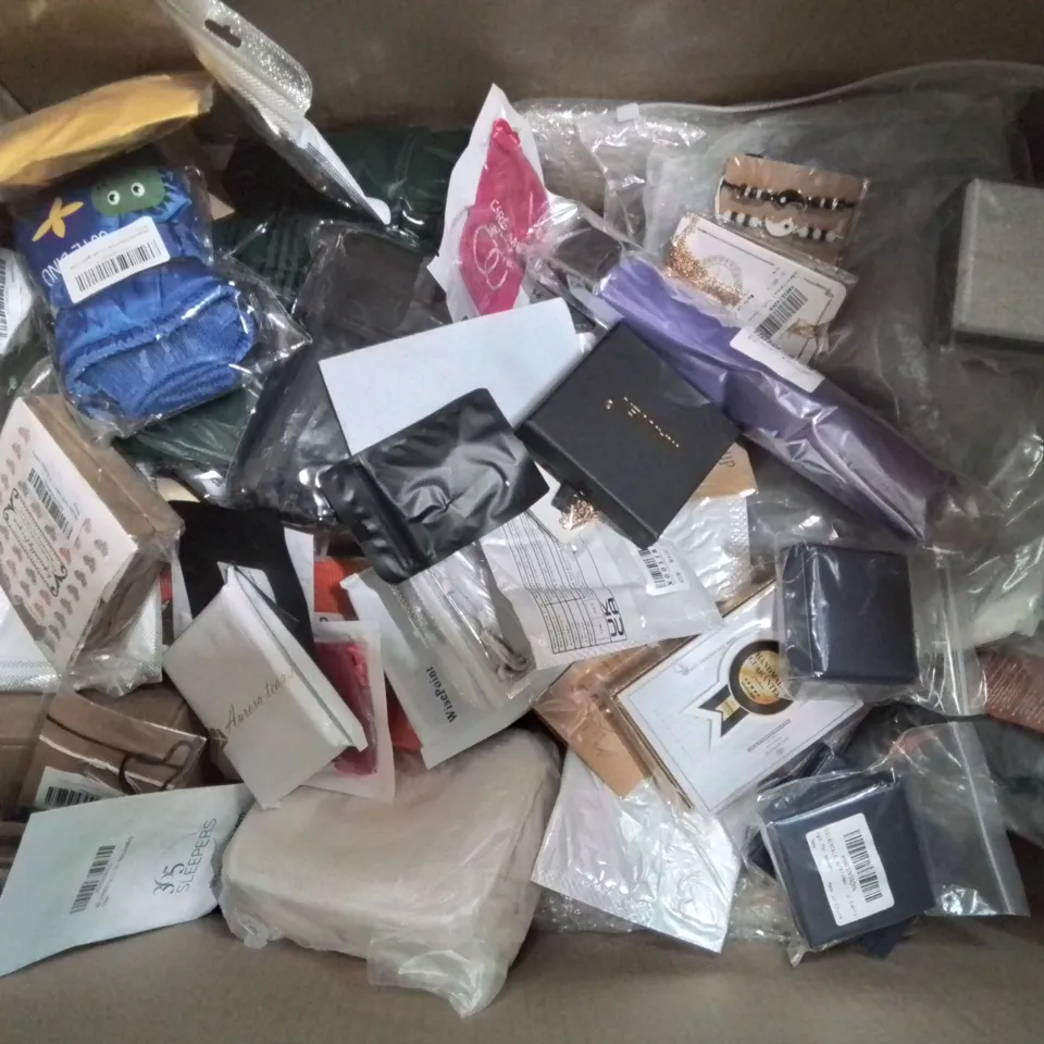 BOX CONTAINING LARGE AMOUNT OF MIXED FASHION ITEMS, SILVER PLATE AND COSTUME JEWELLERY, CLOTHING ITEMS ETC.