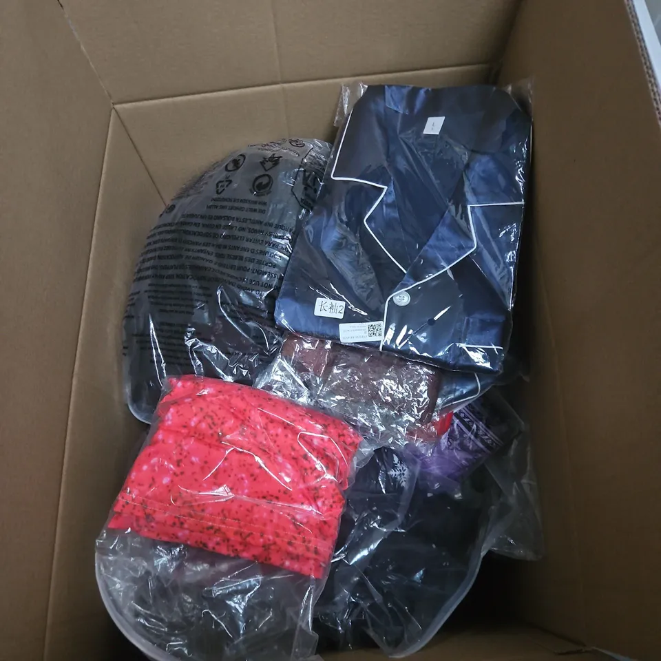 BOX OF APPROXIMATELY 25 ASSORTED CLOTHING ITEMS TO INCLUDE RED SHIRT, PYJAMAS, CHRISTMAS JUMPER, KNITTED JUMPER ETC