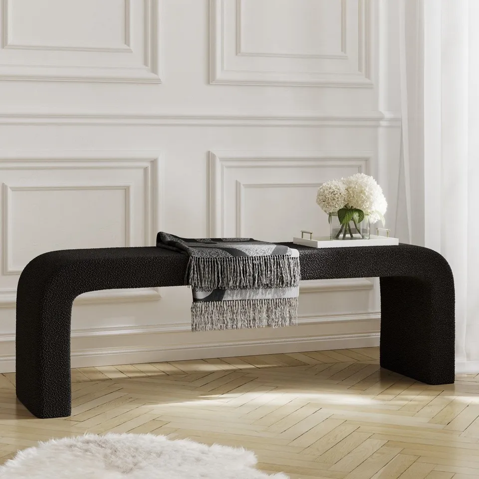 BRAND NEW HOMESDIRECT365 LARGE BLACK BOUCLE CURVED DINING BENCH - 152CM -