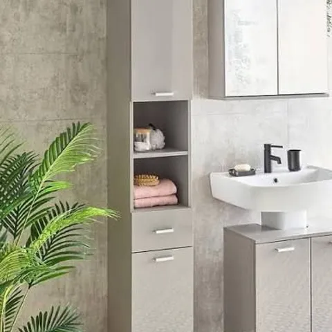 BOXED ROWAN GLOSS 2 DOOR, 1 DRAWER TALL BATHROOM CABINET - GREY (1 BOX)