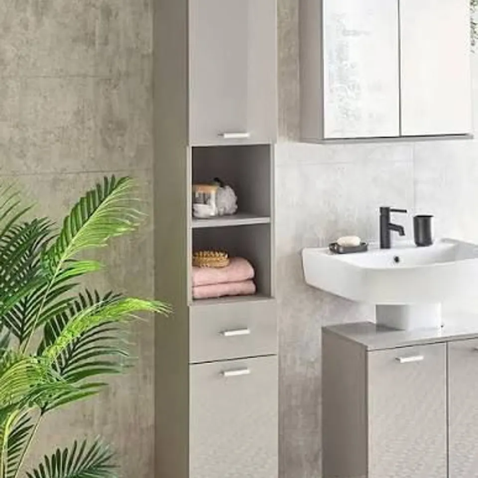 BOXED ROWAN GLOSS 2 DOOR, 1 DRAWER TALL BATHROOM CABINET - GREY (1 BOX)