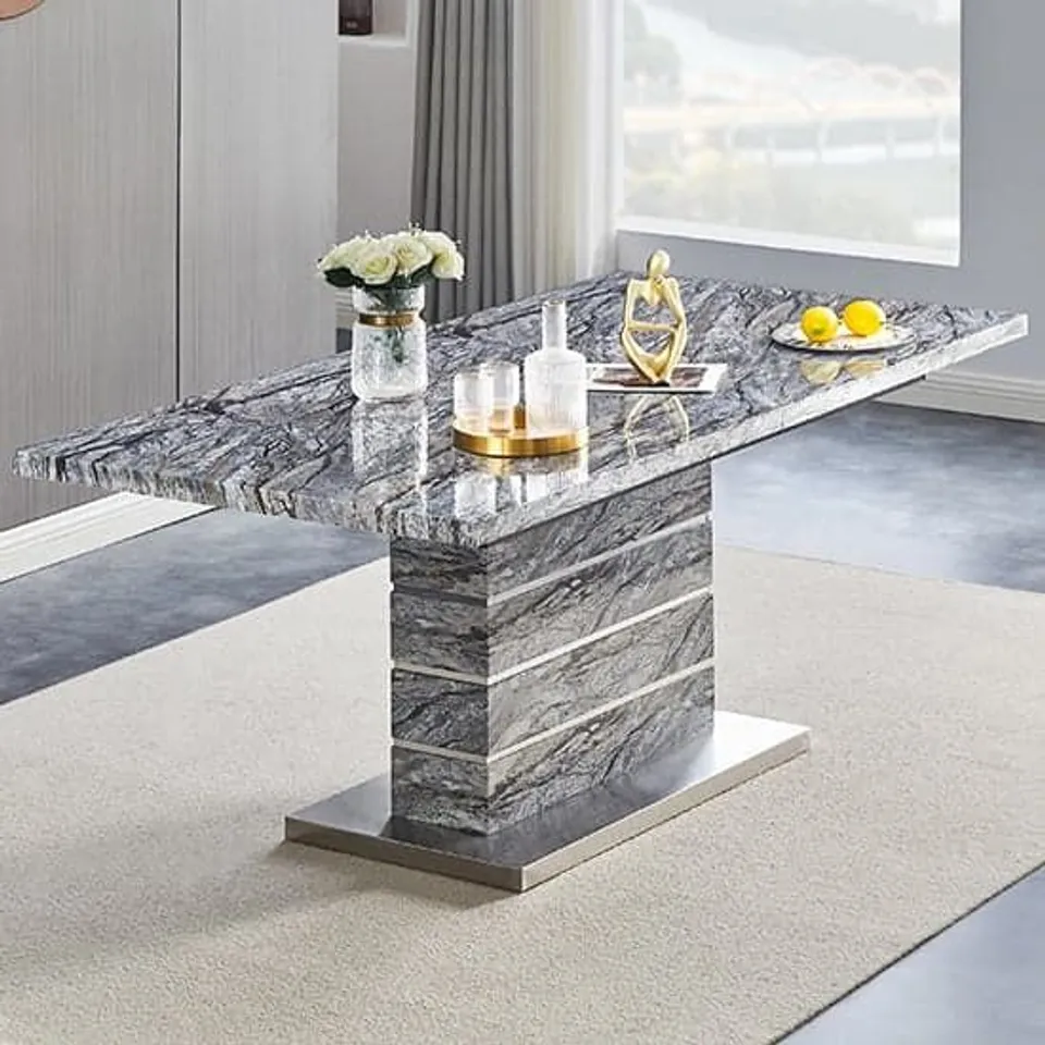 BOXED PARINI LARGE EXTENDABLE DINING TABLE RECTANGULAR IN MELANGE GREY MARBLE PAPER WITH GLOSS (3 BOXES)