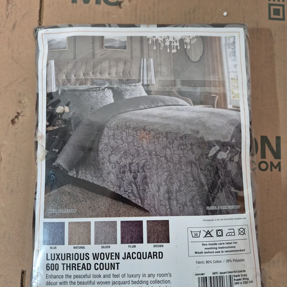 LAVISH LABEL LUXURY JACQUARD DUVET COVER SET – SUPER KING, 600 THREAD COUNT, DARK GREY