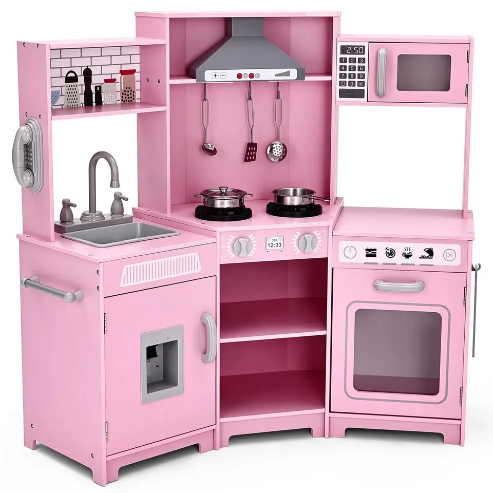 BOXED CORNER WOODEN PRETEND KIDS PLAY KITCHEN SET