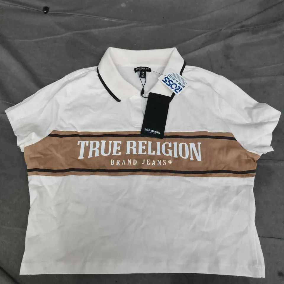 TRUE RELIGION PANEL SHORT SLEEVE POLO IN WHITE - LARGE