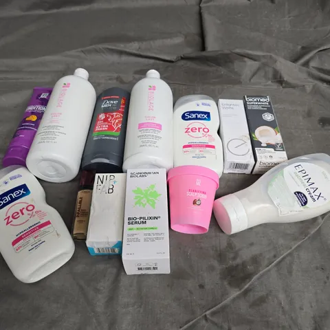 APPROXIMATELY 12 ASSORTED HEALTH & BEAUTY PRODUCTS TO INCLUDE GIVE ME CONDITIONER, DOVE MEN BODYWASH, AND EPIMAX OATMEAL CREAM ETC.