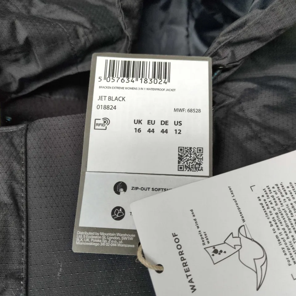 MOUNTAIN WAREHOUSE BRACKEN EXTREME WOMEN'S 3-IN-1 WATERPROOF JACKET – JET BLACK, UK 16