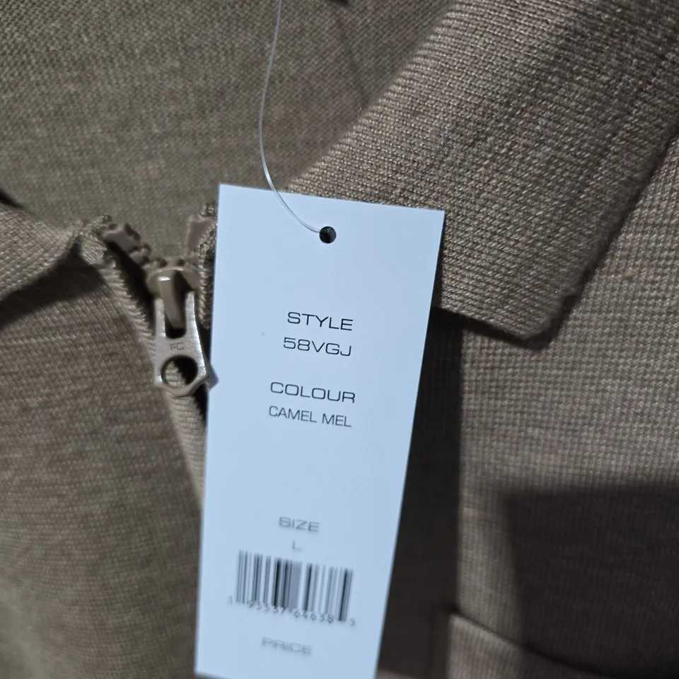 FRENCH CONNECTION CAMEL MEL ZIP-FRONT JACKET, SIZE L