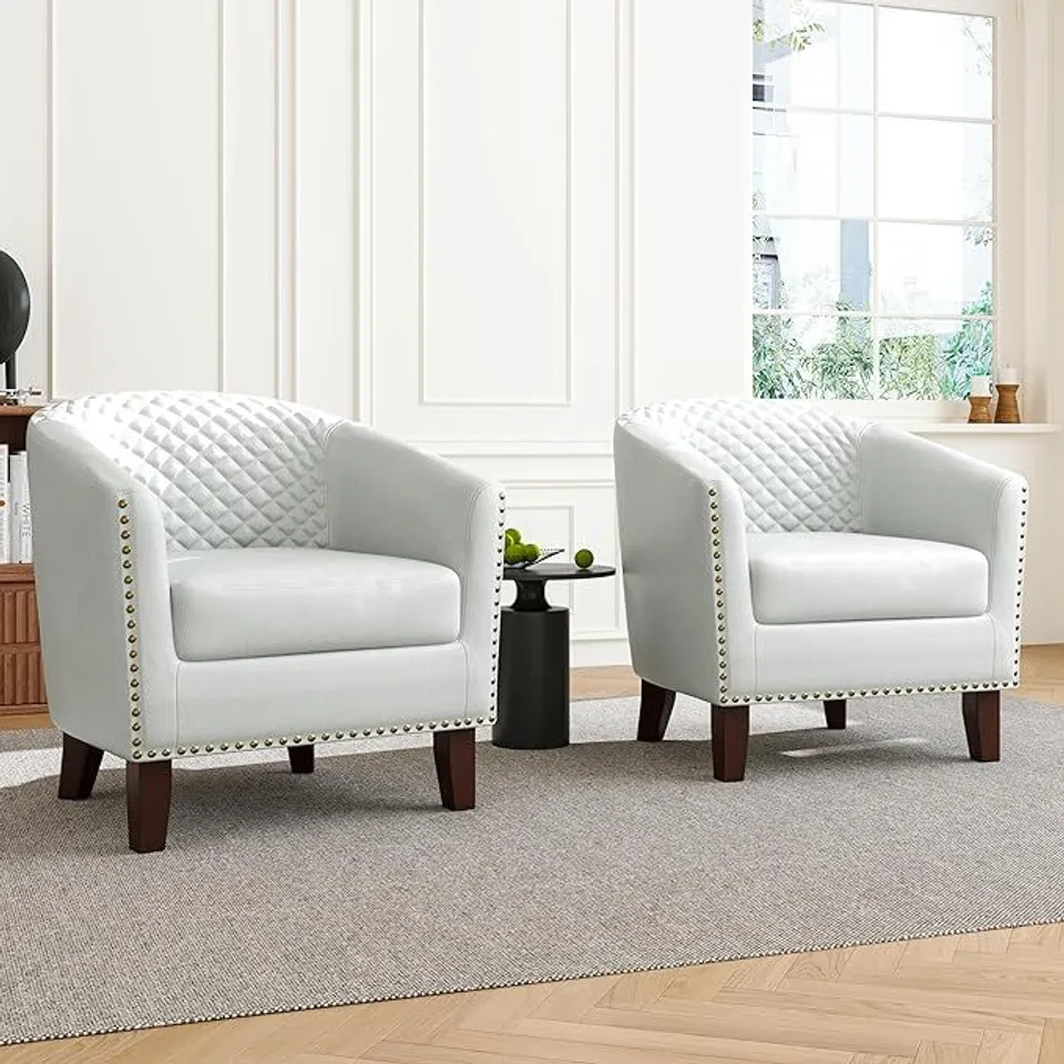BOXED ACCENT BARREL CHAIR, UPHOLSTERED FAUX LEATHER CLUB CHAIR WITH NAILED TRIM - WHITE (1 BOX)