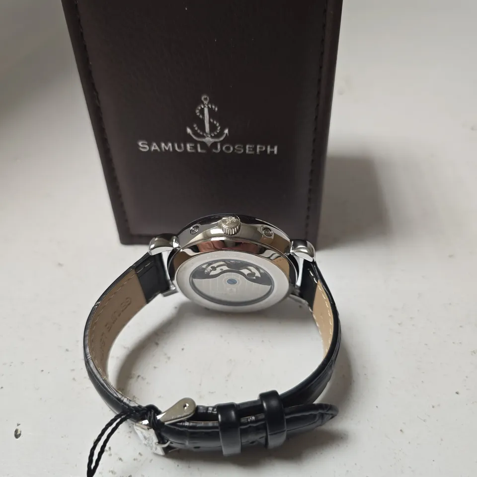 BOXED SAMUEL JOSEPH AUTOMATIC LIMITED EDITION SILVER TONE WATCH WITH WHITE DIAL
