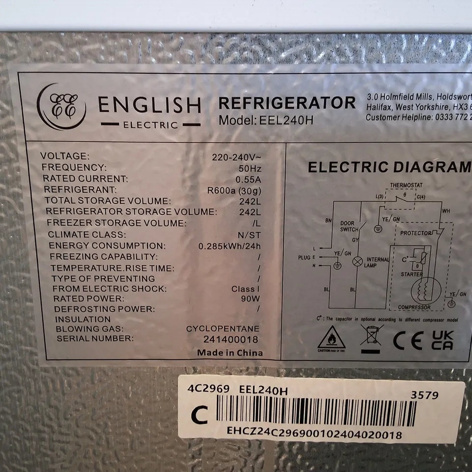 ENGLISH ELECTRIC EEL240H UPRIGHT LARDER FRIDGE 242L