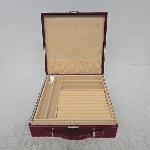 UNBRANDED VELVET BURGUNDY JEWELLERY BOX WITH RING CUSHIONS AND COMPARTMENTS