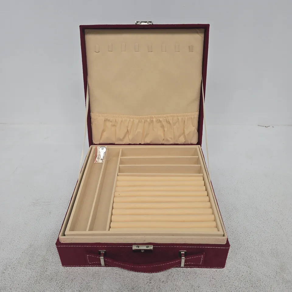 UNBRANDED VELVET BURGUNDY JEWELLERY BOX WITH RING CUSHIONS AND COMPARTMENTS