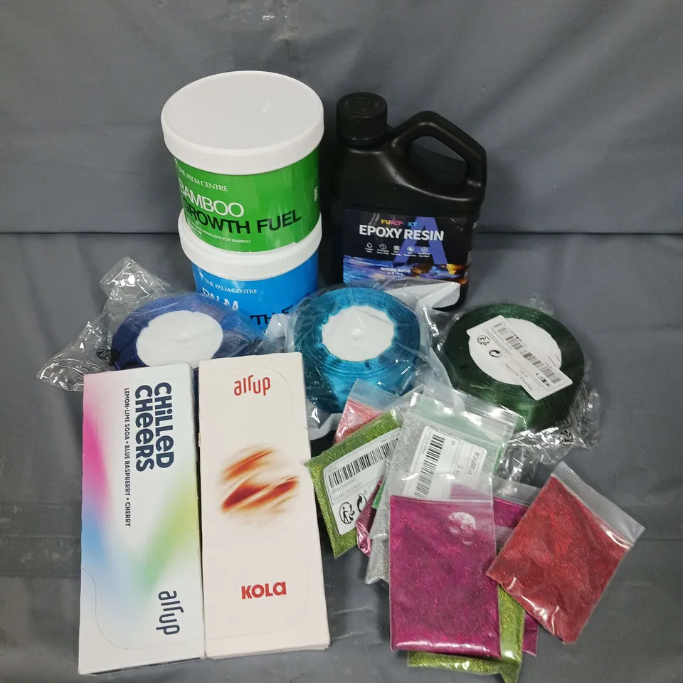 APPROXIMATELY 15 ASSORTED HOUSEHOLD ITEMS TO INCLUDE - FUNEPOXY RESIN PART A - THE PALM CENTRE BAMBOO GROWTH FUEL - AIR UP PODS - ETC - COLLECTION ONLY
