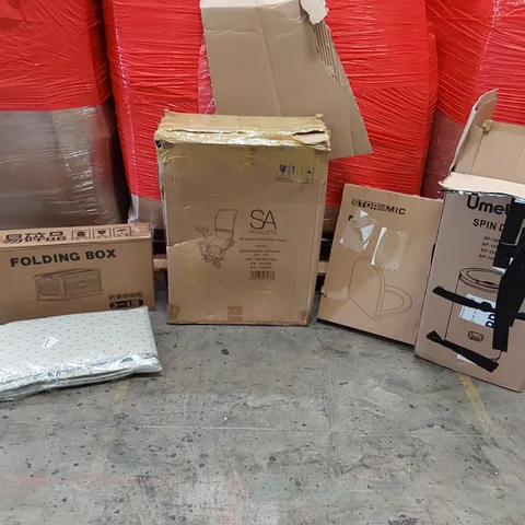 PALLET OF ASSORTED ITEMS INCLUDING: GARDEN UTILITY TROLLEY, UMELOME SPIN DRYER, GREY SHAGGY RUG, FOLDING BOX, TOILET SEAT