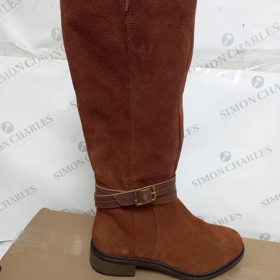 BOXED CLARKS MAY SHINE DARK TAN SUEDE KNEE BOOTS