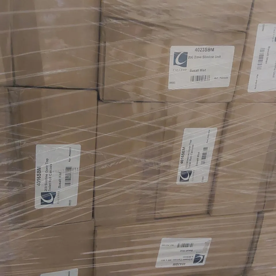 PALLET CONTAINING A LARGE QUANTITY OF ASSORTED BATHROOM FURNITURE PARTS INCLUDING: BASE SLIMLINE CARCASSES, OPEN TOP TOILET ROLL CARCASSES, 2 DRAWER CARCASSES ECT
