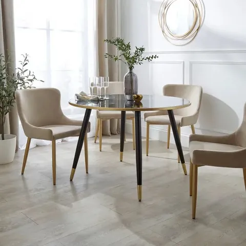 BOXED SYLVIA 4 SEATER ROUND DINING TABLE, BLACK & SMOKED GLASS (1 BOX)