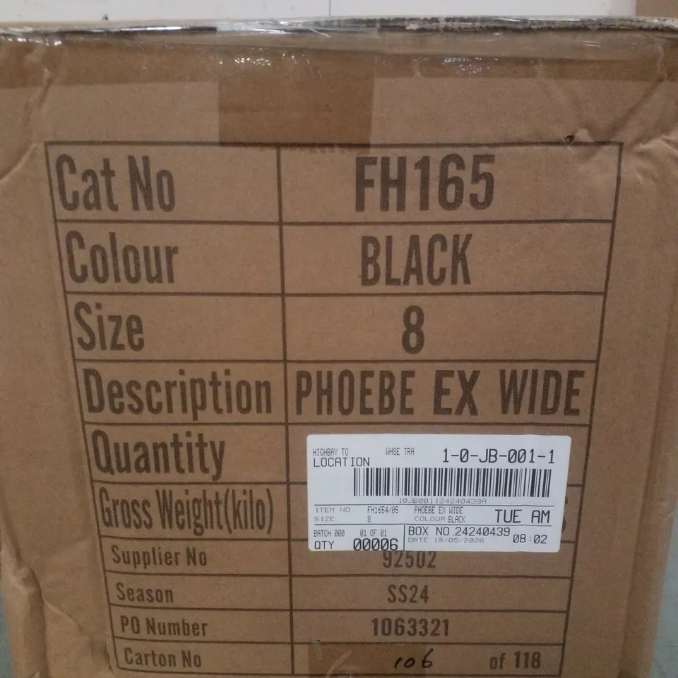 BOX CONTAINING APPROXIMATELY 6 PAIRS OF BRAND NEW SIMPLY BE BLACK PHOEBE EX WIDE SANDALS - SIZE 8