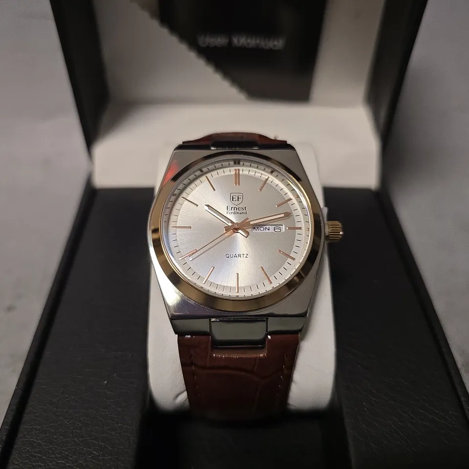ERNEST FERDINAND WATCH – DAY DATE CALENDAR DIAL – LEATHER STRAP – 3ATM WATER RESISTANT - GIFT BOX