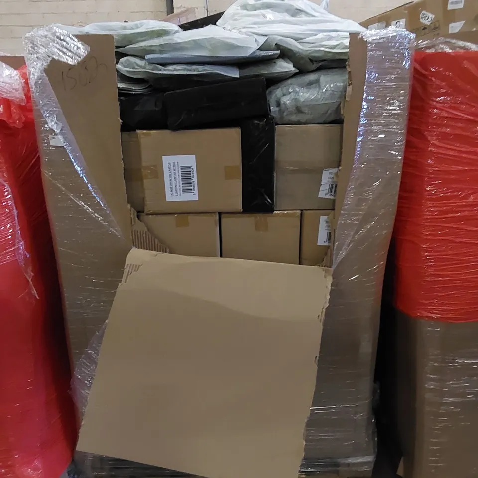 PALLET TO CONTAIN ASSORTED HOUSEHOLD ITEMS AND CONSUMER PRODUCTS. INCLUDES BOXES OF DUST SHEETS, ARTIFICIAL PLANTS ETC