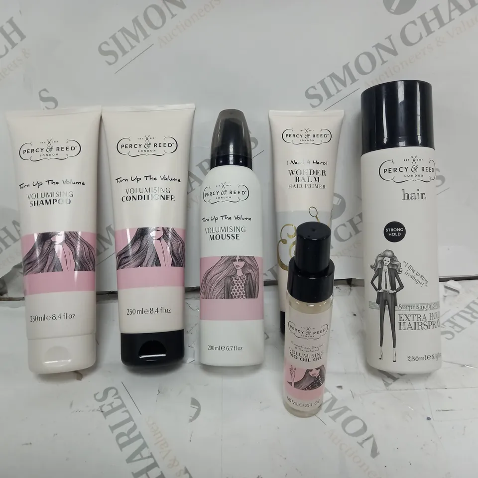 BOX OF PERCY REED PRODUCTS TO INCLUDE VOLUMIZING SHAMPOO, VOLUMIZING CONDITIONER, VOLUMIZING MOUSE ETC