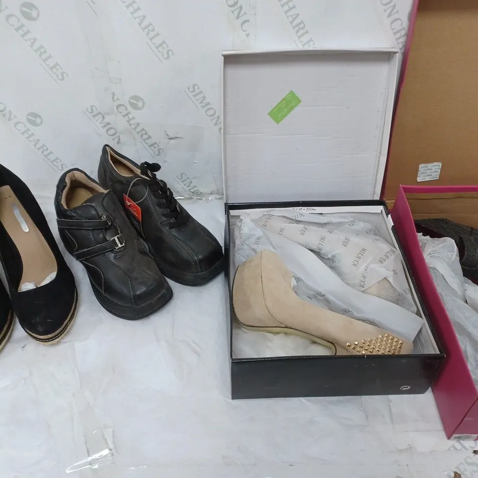 LARGE BOX OF APPROXIMATELY 10 ASSORTED BOXED AND UNBOXED SHOES TO INCLUDE BOOTS AND HEELS ETC.