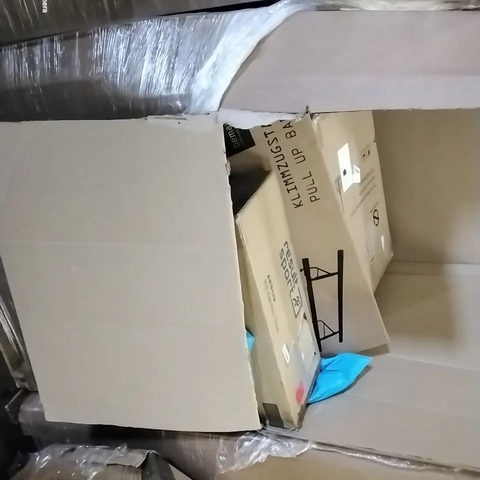 PALLET OF ASSORTED HOUSEHOLD ITEMS TO INCLUDE BASKETBALL NET STAND, AEROBIC STEP AND PULL UP BAR