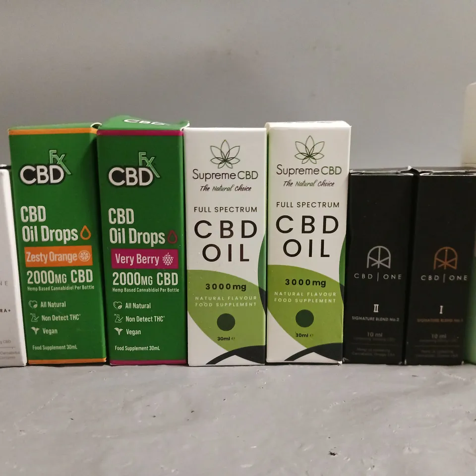 LOT OF 10 ASSORTED CBD OILS AND DROPS IN VARING SIZES AND STRENGHS