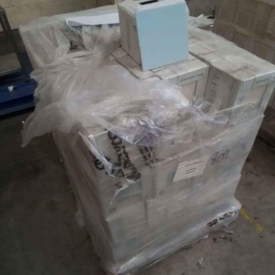 PALLET TO CONTAIN APPROX 96 X PACKS OF JOHNSON BRAND NEW ASTUCE GLAZED WALL TILES IN MAT BLUE AZUR - 25 TILES PER PACK // TILE SIZE: 197 X 197 X 6.5mm