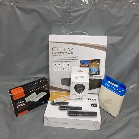 APPROXIMATELY 10 ASSORTED ELECTRICAL ITEMS TO INCLUDE SATA CCTV H.265 DVR, HDMI SPLITTER, CABLE TESTER, ETC