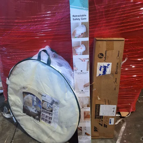 PALLET OF ASSORTED HOUSEHOLD ITEMS TO INCLUDE MOSQUITO NET, SAFETY GATE, SHELVES, ETC - COLLECTION ONLY