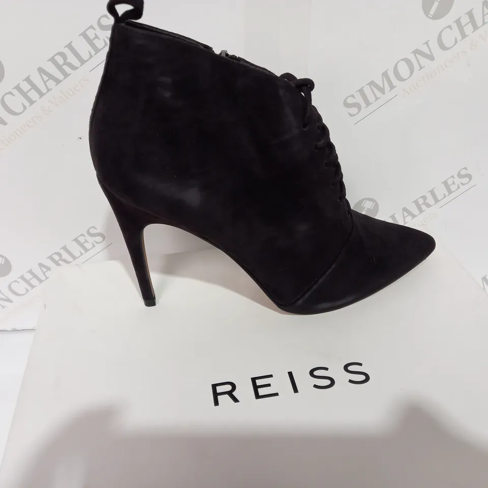 BOXED REISS SUEDE CHOCOLATE BOOT HEELS - SIZE 6