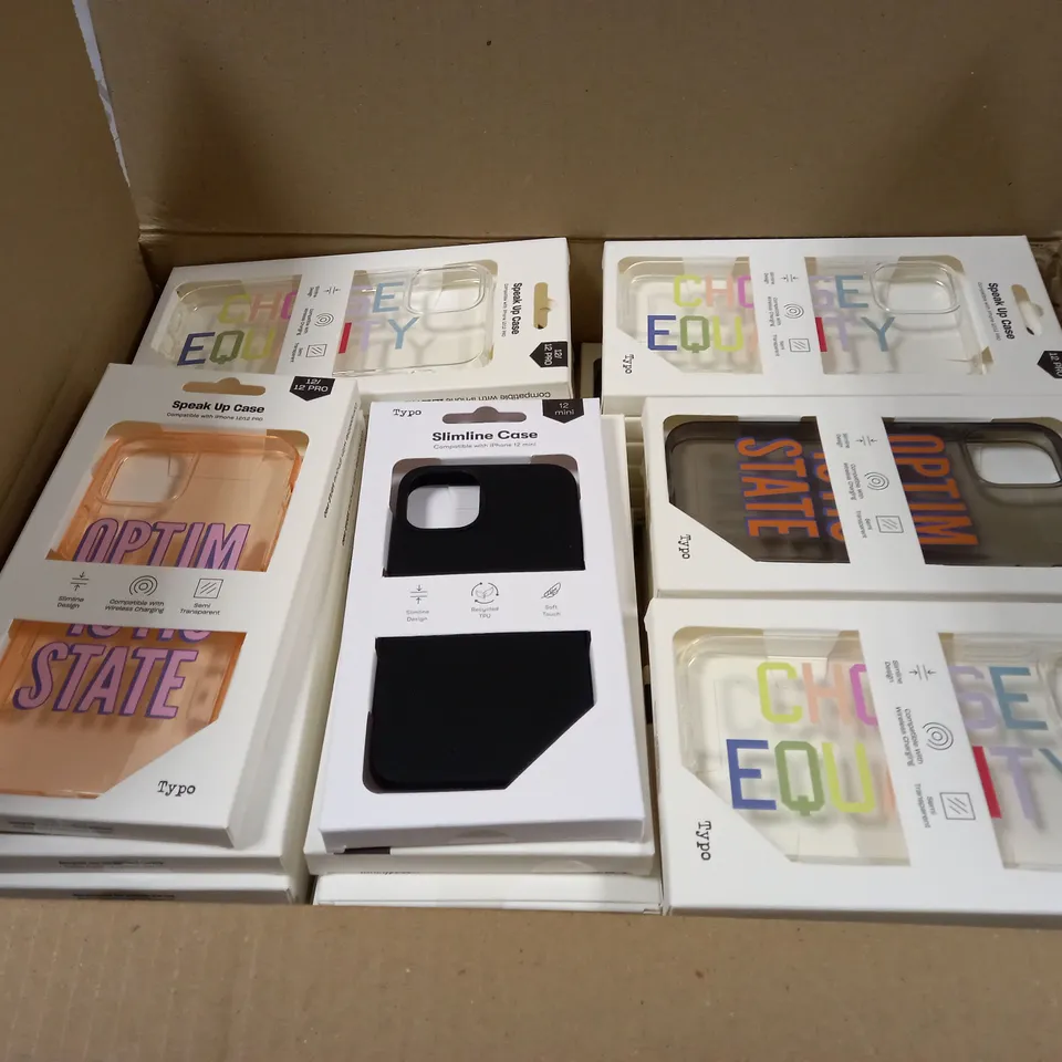 BOX OF APPROXIMATELY 56 TYPO PHONES CASES ('SLIMLINE CASE' & 'SPEAK UP CASE') FOR IPHONE 12 MINI, 12/12PRO IN VARYING COLOURS